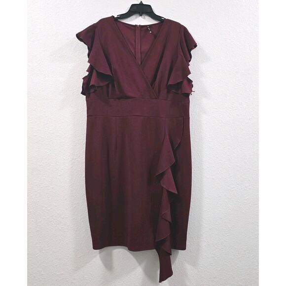 Musol Womens Burgundy Ruffle Sleeve Cocktail Dress V-Neck Midi Party Formal 4XL - Picture 1 of 11